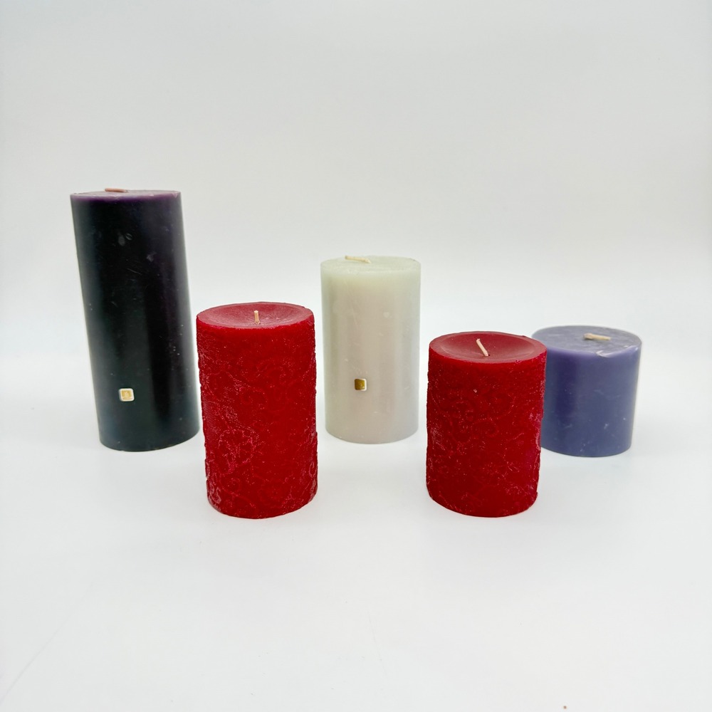 Lot of 5 Pillar Candles 3 PartyLite Black Orchid + 2 Red Floral Textured
